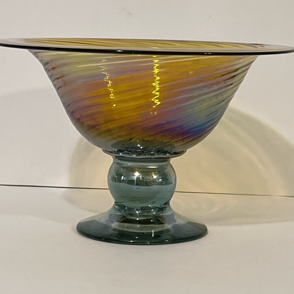 Iridescent Large Hand Blown Glass  Pedestal Gorgeous Hand Blown Glass
